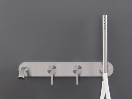 INV54 - Wall mounted 2 mixers set for bathtub with spout L. max. 185 mm and cylindrical hand shower Ø 18 mm