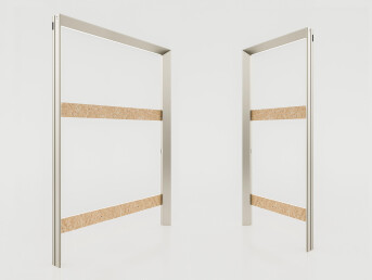 Splayed door frame for single and double flush-to-wall swing door