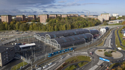 Overview of the the vaulted roofscape in the undulating surrounding topography.