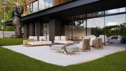 Living room extends outside to the massive open terrace facing the river