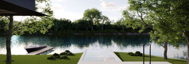 Detached swimming pool with an infinity edge visually merges with the river surface