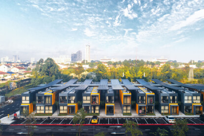 "SkyBlox" housing aspires to stand out as a landmark in Setapak, achieving this by illuminating the site with its distinctive yellow cantilever prefab housing.