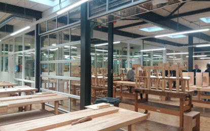 Fully glazed partition walls in a school workroom