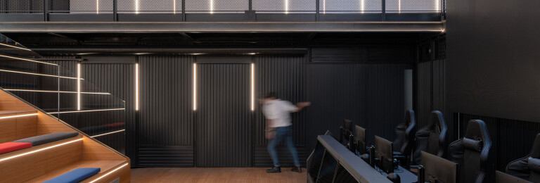 Sliding steel panels opens to the offices