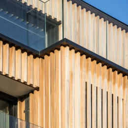 Cladding in LDCwood ThermoWood ayous, treated with fire retardant, Burnblock,  by Lemahieu Group