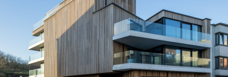 Cladding in LDCwood ThermoWood ayous, treated with fire retardant, Burnblock,  by Lemahieu Group