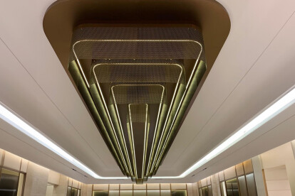 TW-1 Woven Wire Mesh in Antique Brass installed as a Ceiling Feature