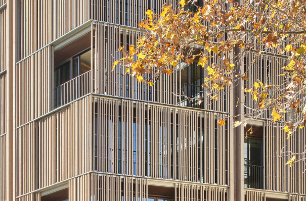 Detail: sliding panels of natural pine protect a residential complex from the Mallorcan sun