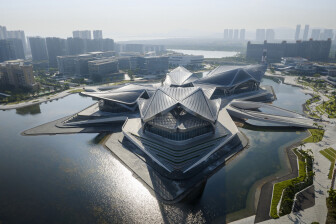 Zaha Hadid Architects’ Zhuhai Jinwan Civic Art Centre echoes chevron patterns of migratory birds