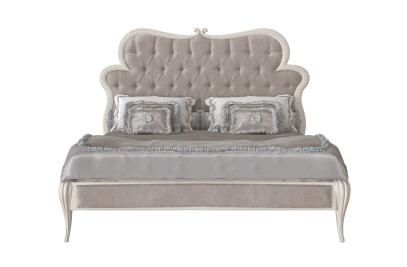 Luxurious Velvet Queen Bed with Ornate Headboard and Detailed Accents