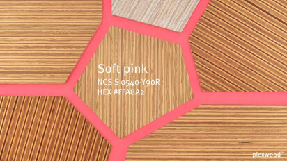 Pine/Ocoumé veneer design inspiration on a graceful pink background