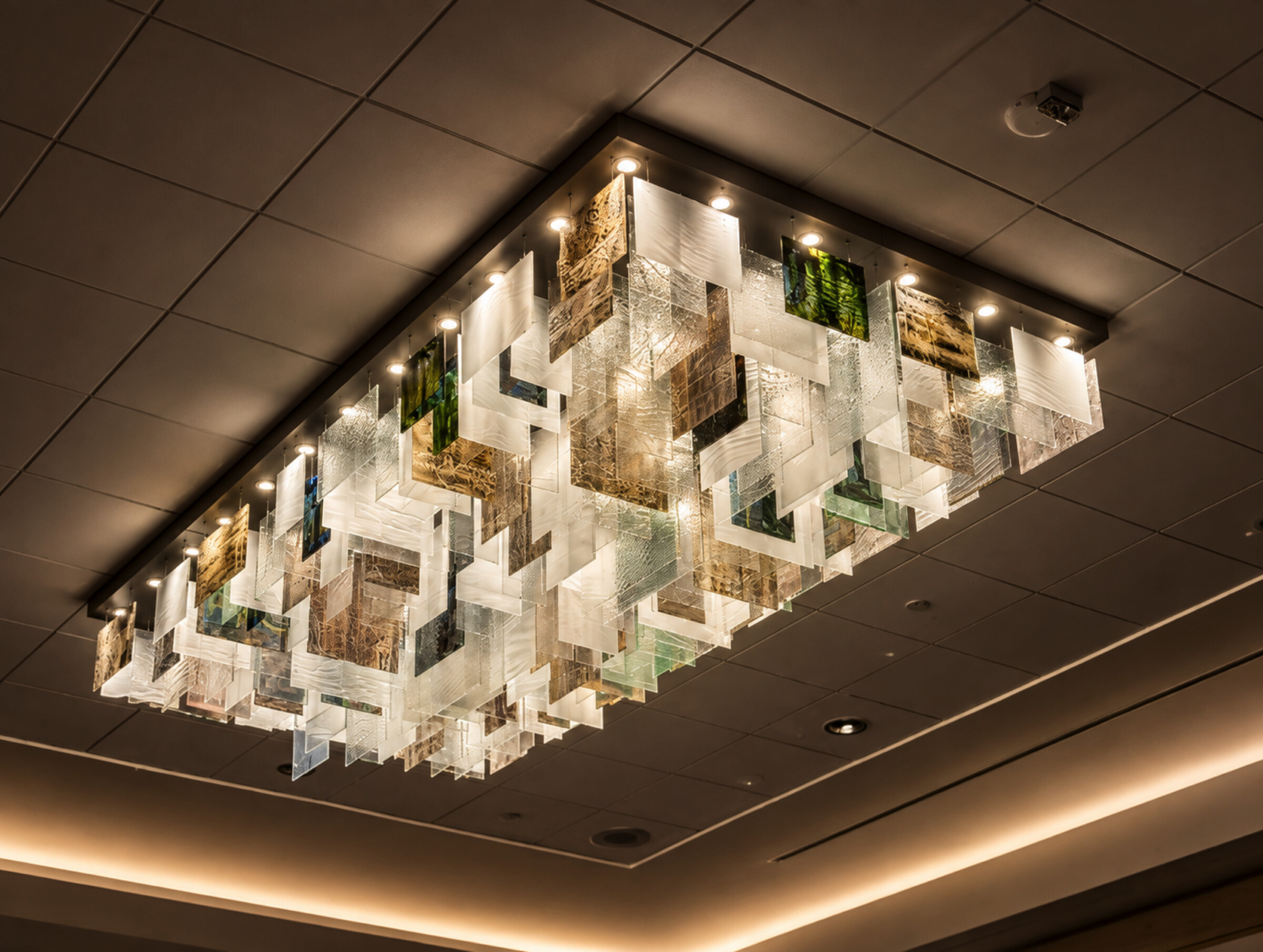 Large-scale architectural glass lighting designed for the Dayton Convention Center - engineered for impact, scale and seamless installation.
