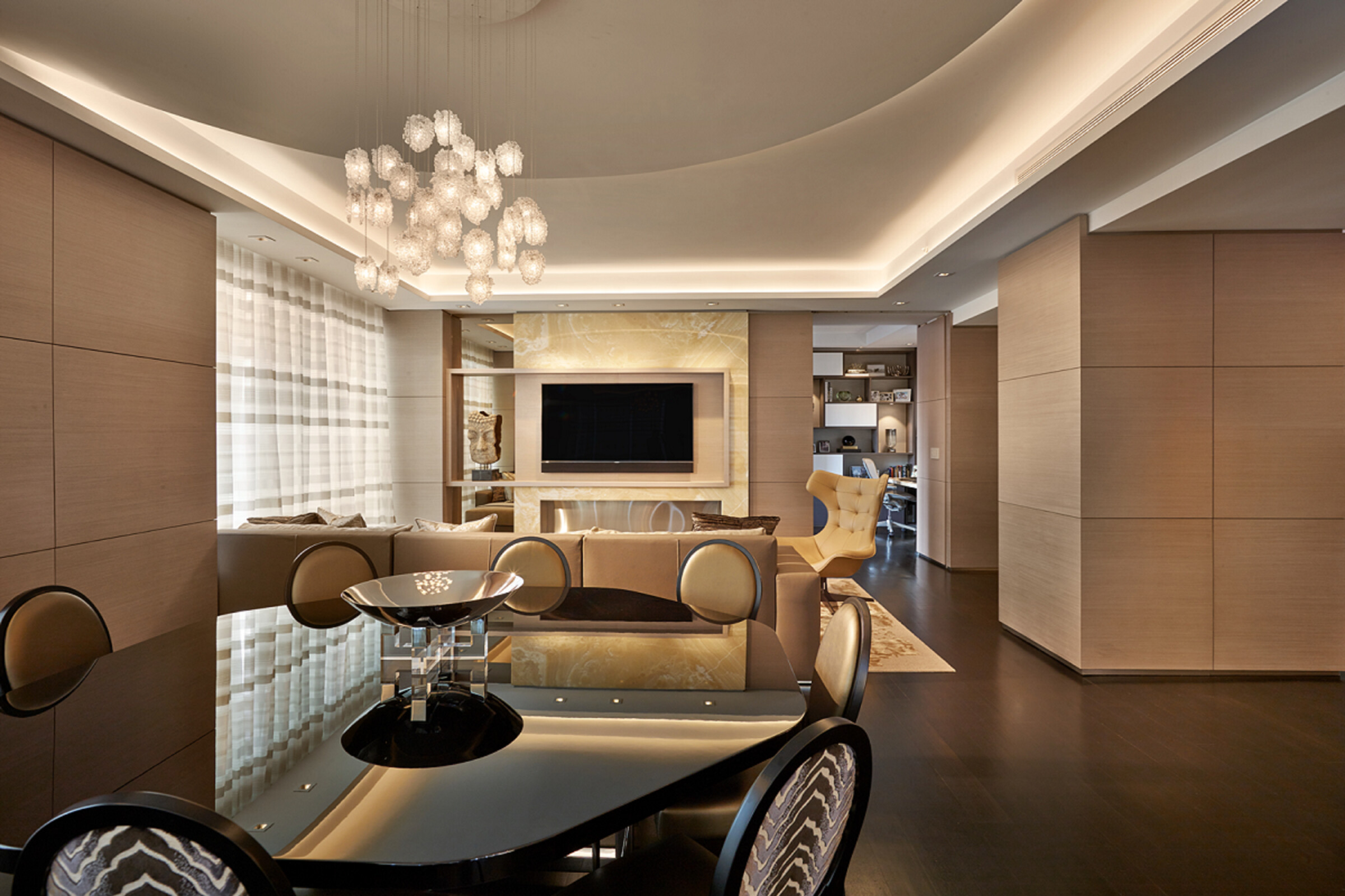 Amorphous glass forms bring movement and quiet elegance to the space.
